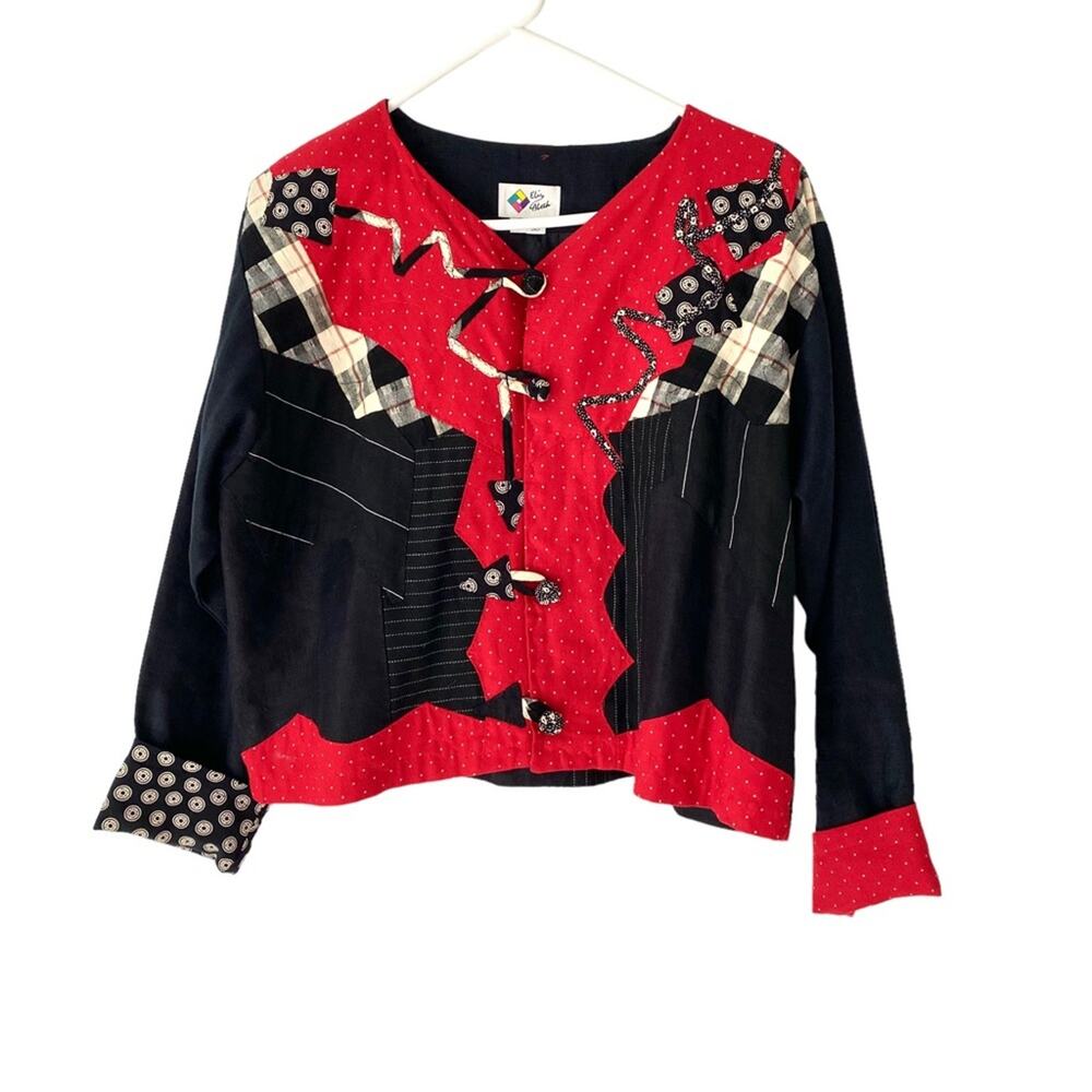 Elizabeth Vintage Patchwork Appliqué Linen Cotton Black Red Blazer Jacket small
